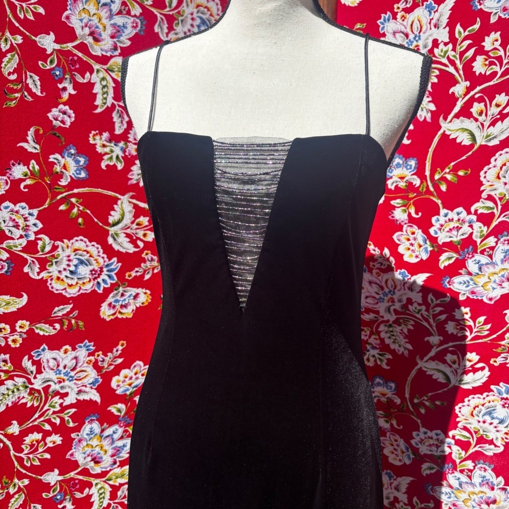 Vintage 90's/y2k Black Velvet Beaded Tulle Full Length Formal Dress Size 8